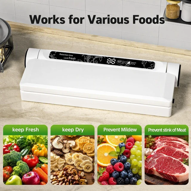 Alt view image 2 of 7 - Compact Vacuum Sealer for Food, 75Kpa Food Sealer Machine | 75 Kpa Strong Suction, LED Display, Dual Use for Dry & Wet Foods, with 20 Bags, Ideal for Home Kitchen, White