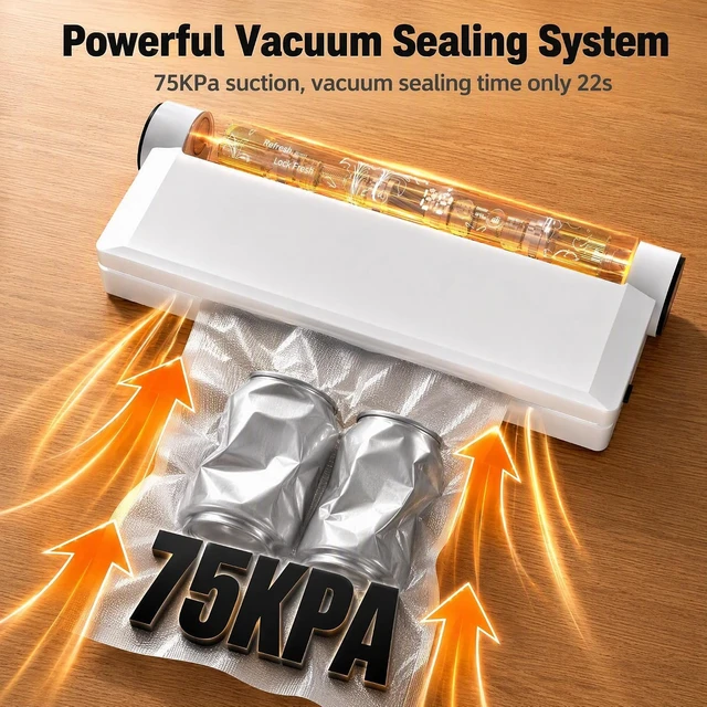 Alt view image 4 of 7 - Compact Vacuum Sealer for Food, 75Kpa Food Sealer Machine | 75 Kpa Strong Suction, LED Display, Dual Use for Dry & Wet Foods, with 20 Bags, Ideal for Home Kitchen, White