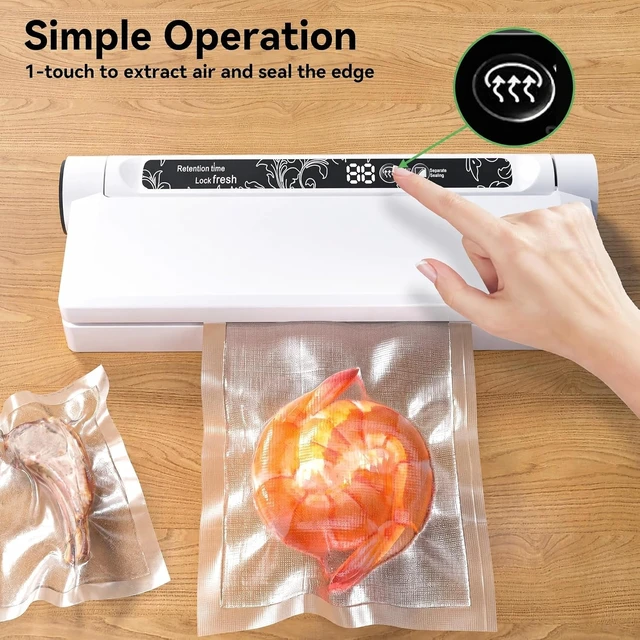 Alt view image 6 of 7 - Compact Vacuum Sealer for Food, 75Kpa Food Sealer Machine | 75 Kpa Strong Suction, LED Display, Dual Use for Dry & Wet Foods, with 20 Bags, Ideal for Home Kitchen, White