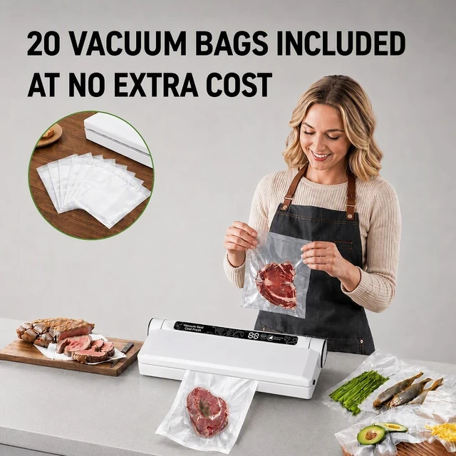 Alt view image 7 of 7 - Compact Vacuum Sealer for Food, 75Kpa Food Sealer Machine | 75 Kpa Strong Suction, LED Display, Dual Use for Dry & Wet Foods, with 20 Bags, Ideal for Home Kitchen, White