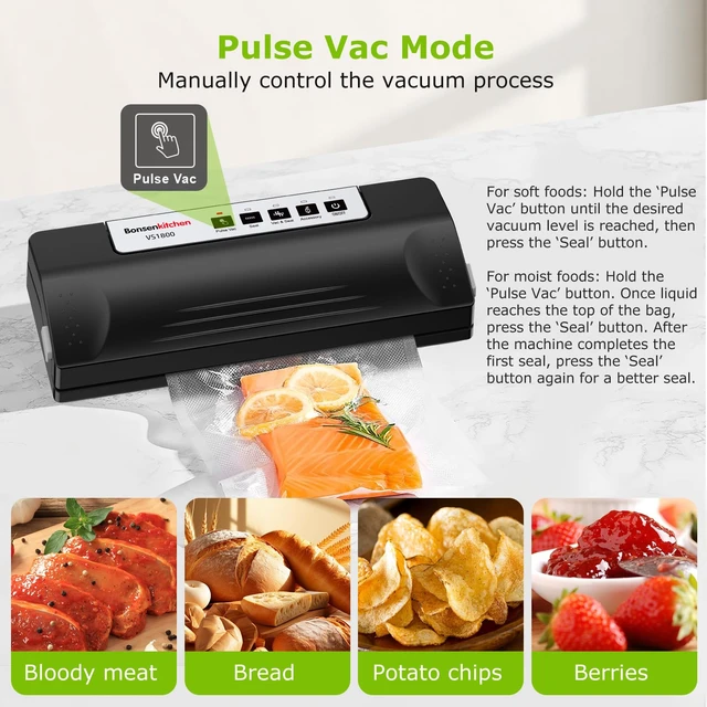 Alt view image 4 of 7 - Vacuum Sealer Machine for Food Storage,Black-Silver | Multi-Functional Food Sealer, 65kPa Suction, External Vacuum System , Compact Design with 5 Vacuum Bags