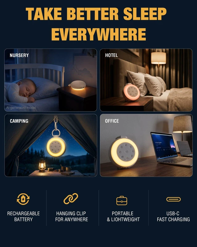 Alt view image 6 of 7 - Portable Sound Machine, White Noise Machine for Sleeping | Bluetooth Speaker, Brown & Pink Noise, 24 Sounds, 180s Voice Recording, Night Light, Sleep Timer, Up to 45-Hour Battery