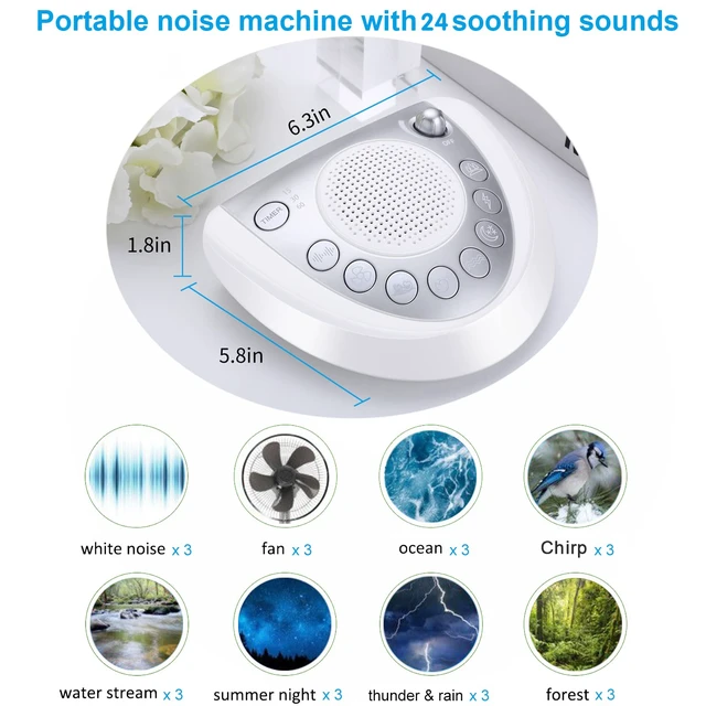 Alt view image 6 of 7 - White Noise Machine, Battery Powered Sound Machine, Portable Sleep Machine with 24 Natural Soothing Sounds, Timer, USB Port, Headphone Jack for Baby, Kids, Adults, Travel, Office, Home (Silver)