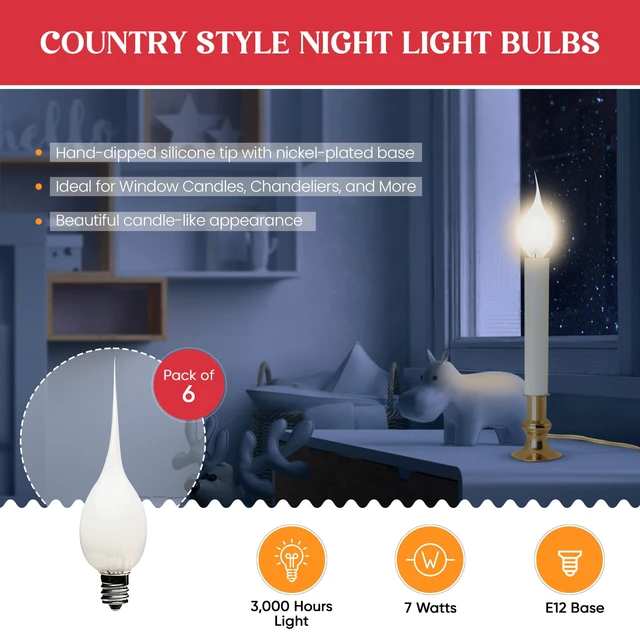Alt view image 2 of 6 - 6-Pack, Incandescent Silicone Dipped Candle Light Bulbs, 7 Watt, Longer Life Country Style, Electric Candle Lamp Replacement Light Bulbs Individually Boxed