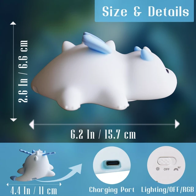 Alt view image 7 of 7 - Dragon Night Light, Cute Baby Dragon Gifts, Soft Silicone Lamp with 3 Level Warm Light and RGB Changing, Breastfeeding Nursery Portable Kawaii Bedside Lamp for Baby, Toddler, Boys and Girls