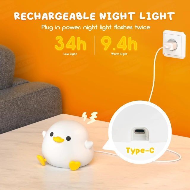 Alt view image 6 of 7 - LED Cute Bean Duck Night Light, DoDo Duck Silicone Nursery Night Light Squishy Dimmable Rechargeable Table Bedside Lamp with Touch Sensor for Bedrooms, Living Room Unique Dorm Decor Gift Toy