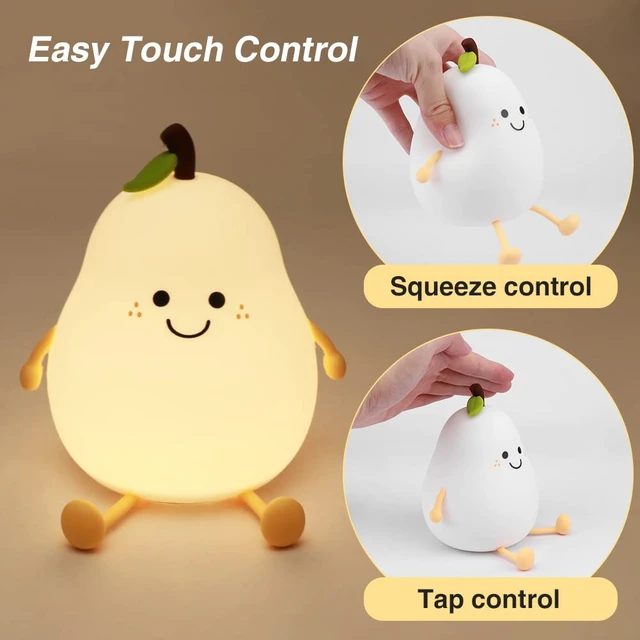 Alt view image 2 of 7 - Cute Pear Night Light, USB Rechargeable Silicone Nursery Lamp | Portable Bedside Light with Warm White and 7 Colors, 3 Brightness Levels, 30/60 Min Timer, Touch Control, 4-6H Runtime