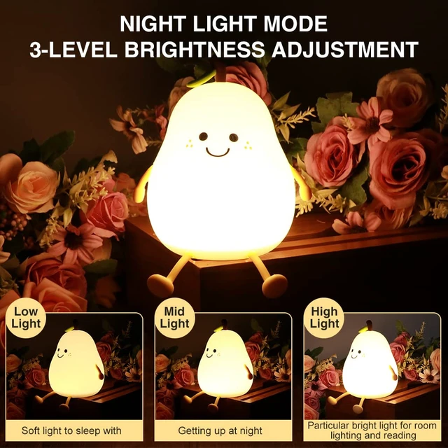 Alt view image 3 of 7 - Cute Pear Night Light, USB Rechargeable Silicone Nursery Lamp | Portable Bedside Light with Warm White and 7 Colors, 3 Brightness Levels, 30/60 Min Timer, Touch Control, 4-6H Runtime
