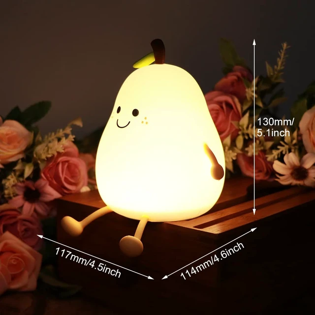 Alt view image 5 of 7 - Cute Pear Night Light, USB Rechargeable Silicone Nursery Lamp | Portable Bedside Light with Warm White and 7 Colors, 3 Brightness Levels, 30/60 Min Timer, Touch Control, 4-6H Runtime