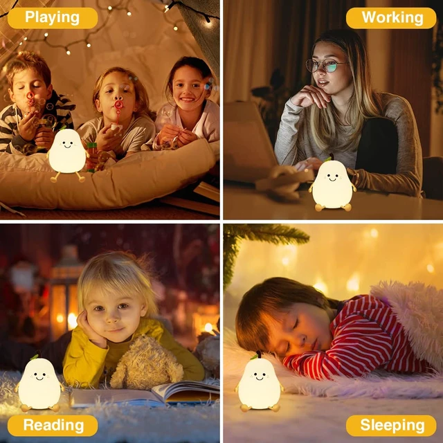 Alt view image 6 of 7 - Cute Pear Night Light, USB Rechargeable Silicone Nursery Lamp | Portable Bedside Light with Warm White and 7 Colors, 3 Brightness Levels, 30/60 Min Timer, Touch Control, 4-6H Runtime