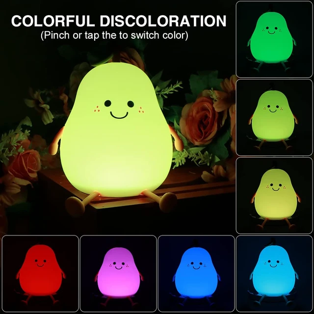 Alt view image 4 of 7 - Cute Pear Night Light, USB Rechargeable Silicone Nursery Lamp | Portable Bedside Light with Warm White and 7 Colors, 3 Brightness Levels, 30/60 Min Timer, Touch Control, 4-6H Runtime