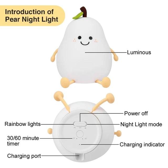 Alt view image 7 of 7 - Cute Pear Night Light, USB Rechargeable Silicone Nursery Lamp | Portable Bedside Light with Warm White and 7 Colors, 3 Brightness Levels, 30/60 Min Timer, Touch Control, 4-6H Runtime