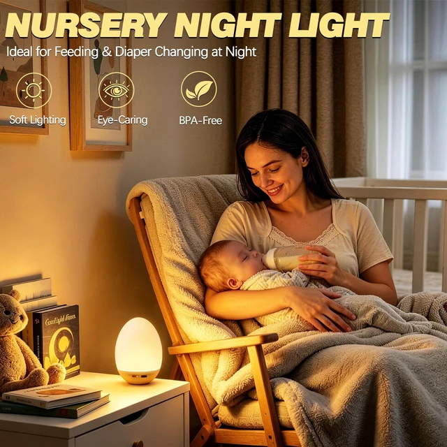 Alt view image 3 of 7 - Egg Light for Nursery, Baby Night Light for Feedings & Diaper Changes | 7 Colors Changing Mode, Eye Caring, Touch Control, Timer, Stepless Dimming, Rechargeable, Soft Silicone, BPA Free