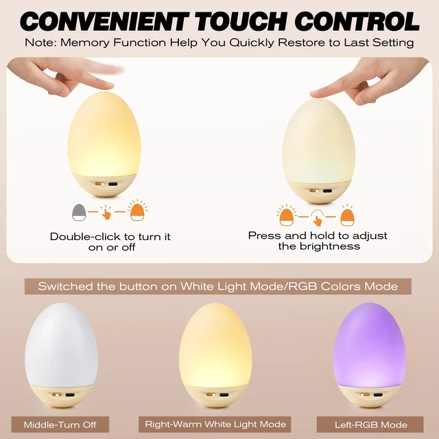 Alt view image 5 of 7 - Egg Light for Nursery, Baby Night Light for Feedings & Diaper Changes | 7 Colors Changing Mode, Eye Caring, Touch Control, Timer, Stepless Dimming, Rechargeable, Soft Silicone, BPA Free