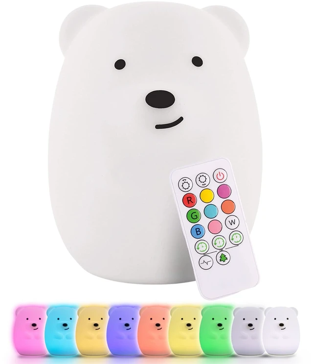 Main image of Bear Squishy Night Light for Kids, Silicone Lamp with Remote | Tap Control | Rechargeable 9-Color Changing | Nursery Nightlight for Boys & Girls | Portable Animal Lamp | USB Cord Included