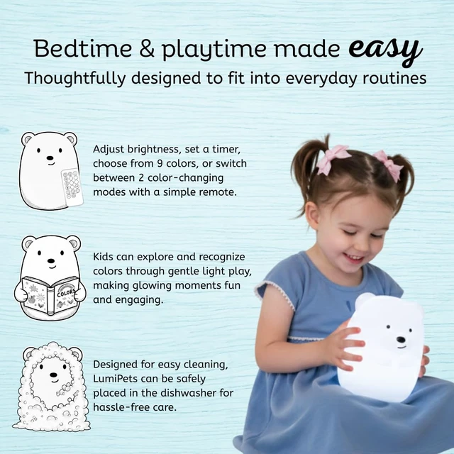 Alt view image 4 of 7 - Bear Squishy Night Light for Kids, Silicone Lamp with Remote | Tap Control | Rechargeable 9-Color Changing | Nursery Nightlight for Boys & Girls | Portable Animal Lamp | USB Cord Included
