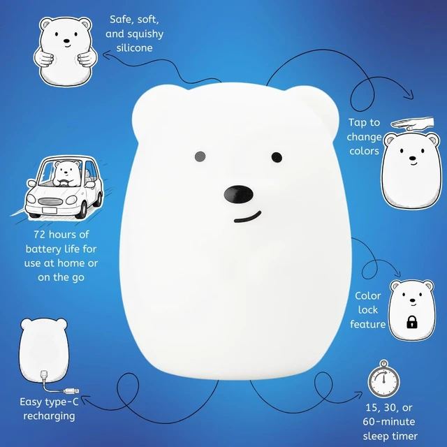 Alt view image 3 of 7 - Bear Squishy Night Light for Kids, Silicone Lamp with Remote | Tap Control | Rechargeable 9-Color Changing | Nursery Nightlight for Boys & Girls | Portable Animal Lamp | USB Cord Included