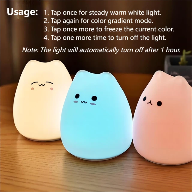 Alt view image 3 of 7 - Cat Night Lamp, 7 Colors, Silicone Squishy Cat Night, Battery Operated Night Light, Tap Control, LED Night Lamp, Cute Gifts for Girls and Boys, Nursery Nightlight