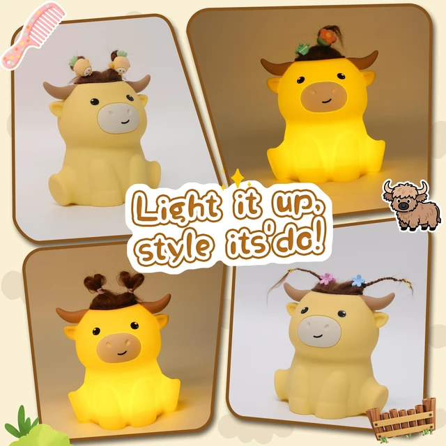 Alt view image 5 of 7 - Highland Cow Night Light, Squishy Silicone Lamp. Rechargeable, Dimmable with Timer, Touch Control for Bedside, Gift Nightlight for Breastfeeding Toddler Baby Kids (No Accessories Included)