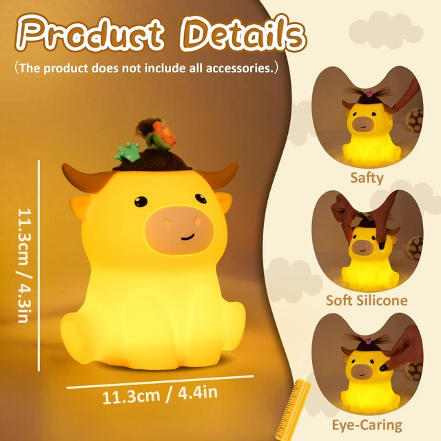Alt view image 7 of 7 - Highland Cow Night Light, Squishy Silicone Lamp. Rechargeable, Dimmable with Timer, Touch Control for Bedside, Gift Nightlight for Breastfeeding Toddler Baby Kids (No Accessories Included)