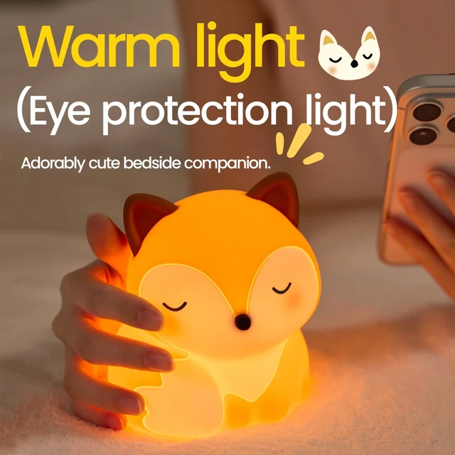 Alt view image 3 of 7 - Fox Night Light Silicone Squishy Animal Lamp with 30 Min Auto Timer | 3 Level Dimmable Bedside Nightlight with Tap Control Office Desk Ambient Lamp Unique White Elephant Gifts