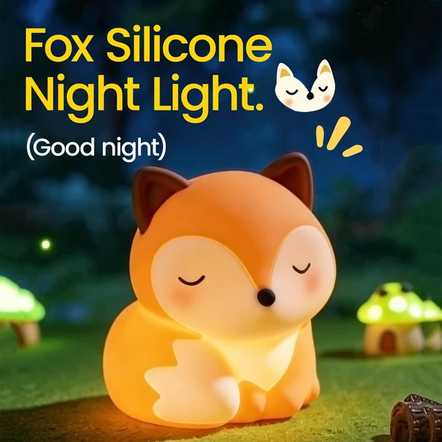 Alt view image 2 of 7 - Fox Night Light Silicone Squishy Animal Lamp with 30 Min Auto Timer | 3 Level Dimmable Bedside Nightlight with Tap Control Office Desk Ambient Lamp Unique White Elephant Gifts
