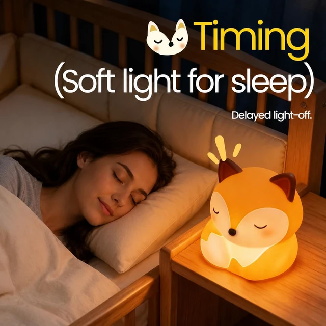 Alt view image 6 of 7 - Fox Night Light Silicone Squishy Animal Lamp with 30 Min Auto Timer | 3 Level Dimmable Bedside Nightlight with Tap Control Office Desk Ambient Lamp Unique White Elephant Gifts