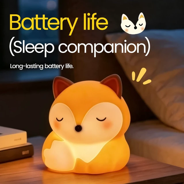 Alt view image 7 of 7 - Fox Night Light Silicone Squishy Animal Lamp with 30 Min Auto Timer | 3 Level Dimmable Bedside Nightlight with Tap Control Office Desk Ambient Lamp Unique White Elephant Gifts