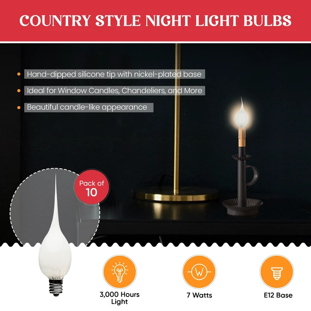 Alt view image 2 of 6 - Silicone Dipped, Country Style, Electric Candle Lamp Chandelier Light Bulbs, 7 Watt Incandescent, Individually Boxed - 10 Pack