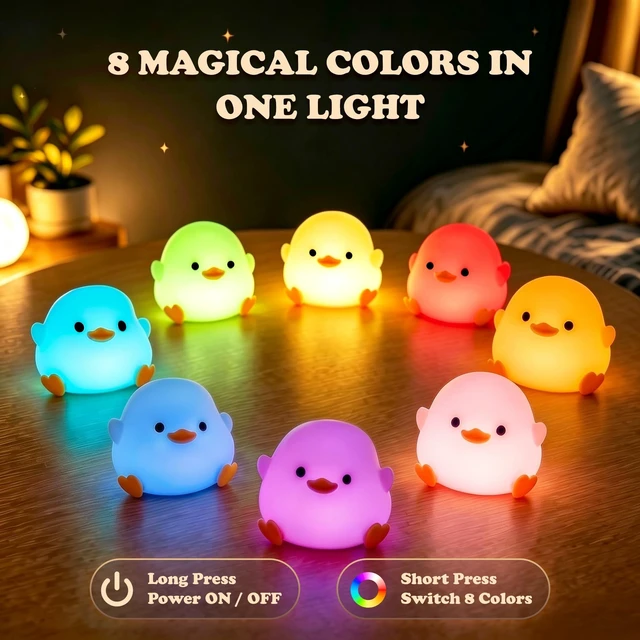 Alt view image 2 of 7 - Mini Duck Night Light with Lanyard, 8 Color Changing Rechargeable | Portable Mini Night Light for Kids, Soft Silicone Duck Squishy Cute Lamp for Bedroom & Camping, Gifts