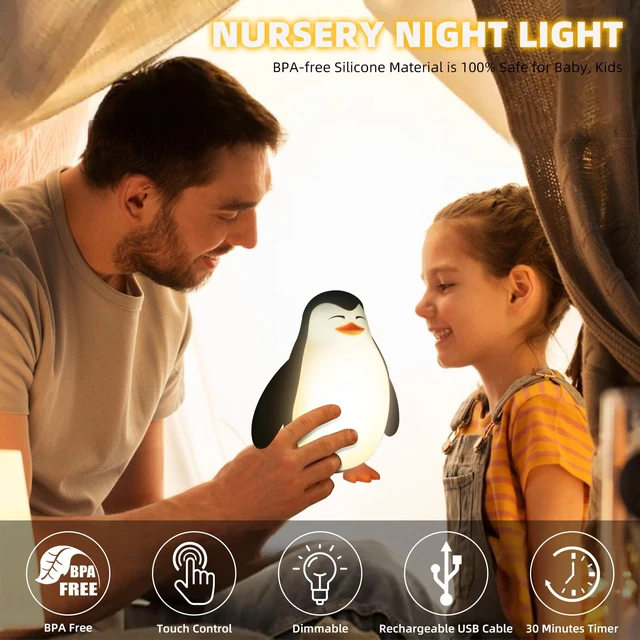 Alt view image 3 of 6 - Cute Penguin Night Light for Kids, 3 Level Dimmable Nursery Lamp | Cute Silicone Squishy Lighted Penguin Tap Light, Rechargeable Bedside Touch Lamp for Toddler Baby