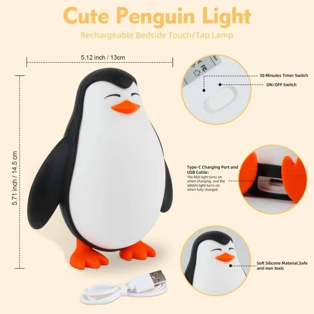 Alt view image 6 of 6 - Cute Penguin Night Light for Kids, 3 Level Dimmable Nursery Lamp | Cute Silicone Squishy Lighted Penguin Tap Light, Rechargeable Bedside Touch Lamp for Toddler Baby