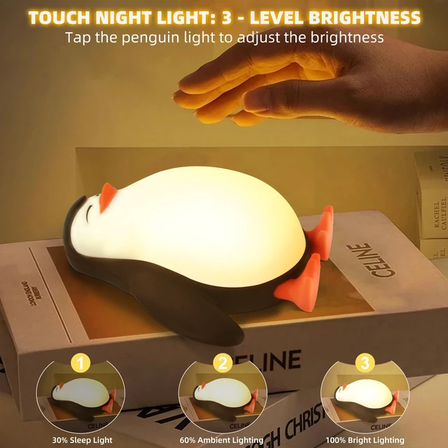 Alt view image 4 of 6 - Cute Penguin Night Light for Kids, 3 Level Dimmable Nursery Lamp | Cute Silicone Squishy Lighted Penguin Tap Light, Rechargeable Bedside Touch Lamp for Toddler Baby