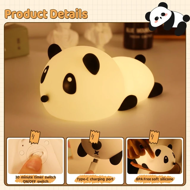 Alt view image 7 of 7 - Panda Night Light for Kids: Squishy Silicone Animal Light | 7 Soft Colors,Tap Control,Rechargeable,Sleep Timer,Battery Baby Nightlight for Childrens Room & Nursery,Bedside Touch Lamp