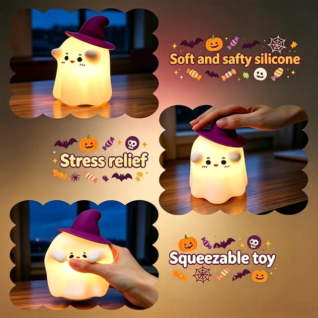 Alt view image 4 of 7 - Halloween Cute Ghost LED Night Lights Rechargeable Silicone Tap Control Lamp for Nursery Kids Halloween Decor Gift