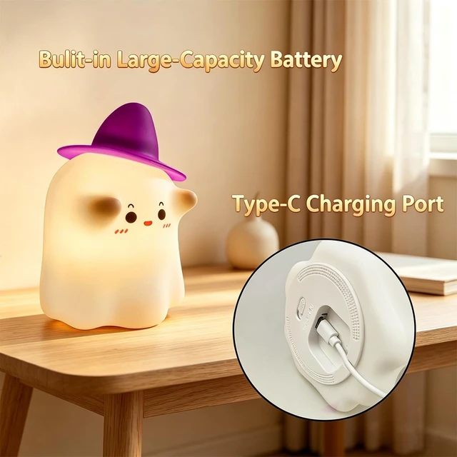Alt view image 6 of 7 - Halloween Cute Ghost LED Night Lights Rechargeable Silicone Tap Control Lamp for Nursery Kids Halloween Decor Gift