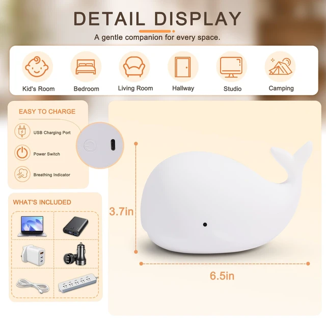 Alt view image 7 of 7 - Whale Night Light Silicone 7 Colors Dimmable 3 Hours Timer Whales Baby Light Decor Room Ocean Baby Nursery Decors Gift Kids