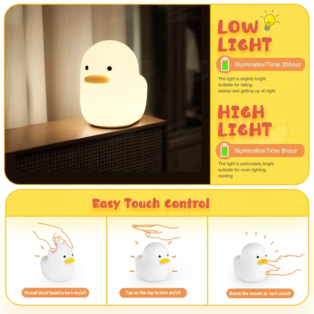 Alt view image 4 of 7 - LED Benson Night Light, Cute Duck Animal Silicone Nursery Night Light Rechargeable Table Lamp Bedside Lamp with Touch Sensor for Baby Girls Women Bedrooms, Living Room