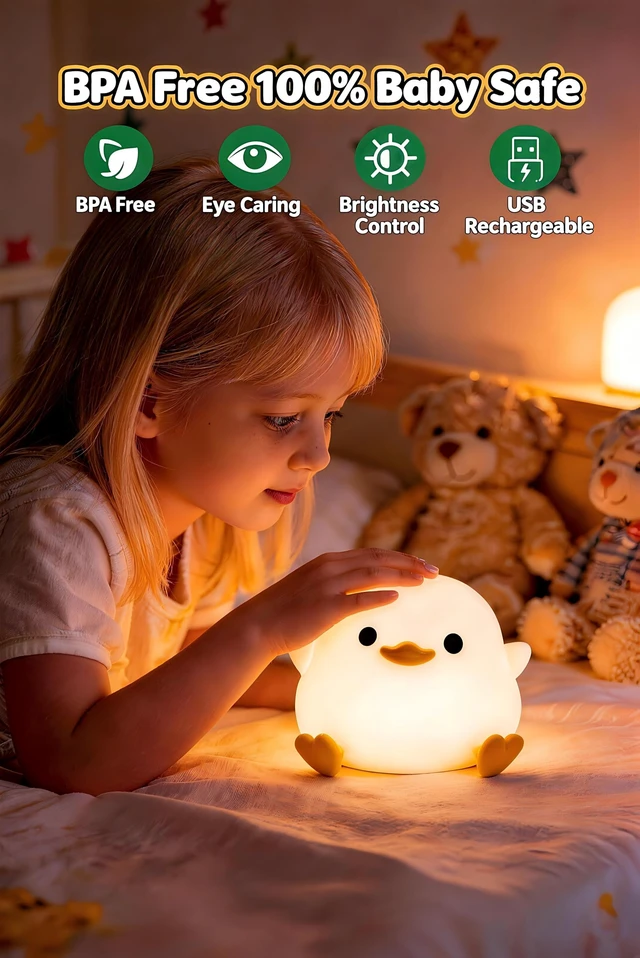 Alt view image 2 of 7 - DoDo Duck Night Light, Cute Silicone Duck Lamp for Baby Nursery | BPA-Free Soft Silicone, 20 Min Timer, Tap Control, Cute Rechargeable Duck Lamp, Gifts for Kids Baby Boys Girls, Duck Stuff