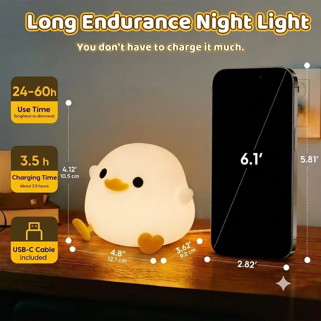 Alt view image 4 of 7 - DoDo Duck Night Light, Cute Silicone Duck Lamp for Baby Nursery | BPA-Free Soft Silicone, 20 Min Timer, Tap Control, Cute Rechargeable Duck Lamp, Gifts for Kids Baby Boys Girls, Duck Stuff