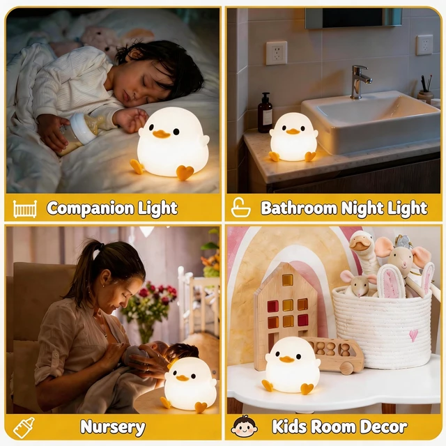 Alt view image 3 of 7 - DoDo Duck Night Light, Cute Silicone Duck Lamp for Baby Nursery | BPA-Free Soft Silicone, 20 Min Timer, Tap Control, Cute Rechargeable Duck Lamp, Gifts for Kids Baby Boys Girls, Duck Stuff