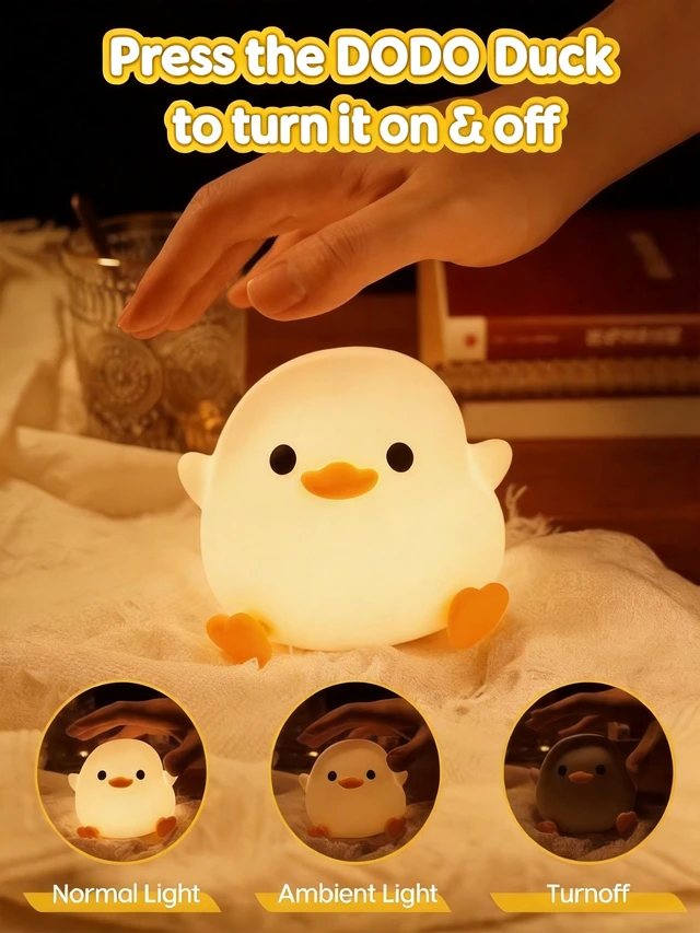 Alt view image 5 of 7 - DoDo Duck Night Light, Cute Silicone Duck Lamp for Baby Nursery | BPA-Free Soft Silicone, 20 Min Timer, Tap Control, Cute Rechargeable Duck Lamp, Gifts for Kids Baby Boys Girls, Duck Stuff