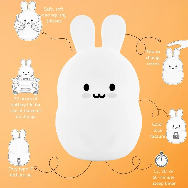 Alt view image 3 of 7 - Bunny Silicone Night Light for Kids, Squishy Lamp with Remote | Tap Control | Rechargeable 9-Color Changing | Nursery Nightlight for Boys & Girls | Portable Animal Lamp | USB Cord Included