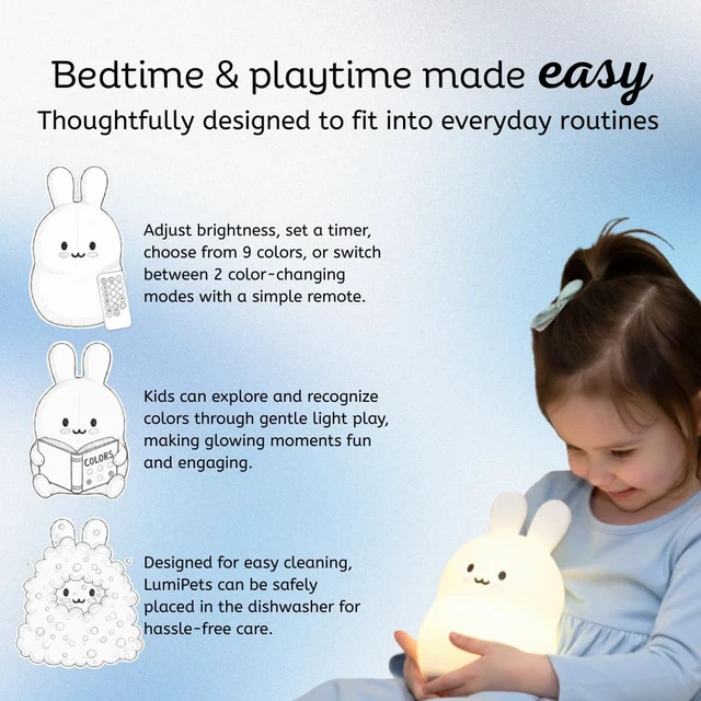 Alt view image 4 of 7 - Bunny Silicone Night Light for Kids, Squishy Lamp with Remote | Tap Control | Rechargeable 9-Color Changing | Nursery Nightlight for Boys & Girls | Portable Animal Lamp | USB Cord Included