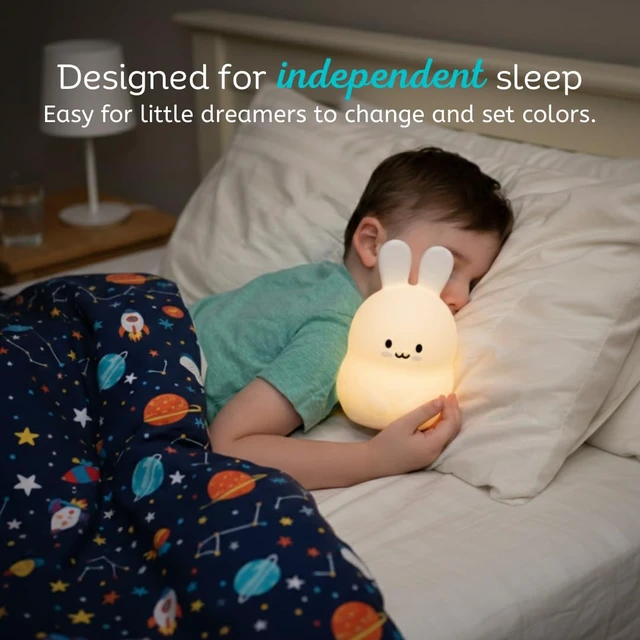 Alt view image 6 of 7 - Bunny Silicone Night Light for Kids, Squishy Lamp with Remote | Tap Control | Rechargeable 9-Color Changing | Nursery Nightlight for Boys & Girls | Portable Animal Lamp | USB Cord Included