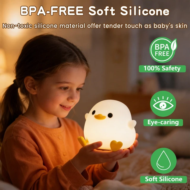 Alt view image 2 of 7 - Duck Night Light, Squishy Silicone Bedside Light for Baby Nursery | BPA-Free Silicone,Dimmable,20min Timer,Rechargeable Touch Light , Cute DoDo Ducky Lamp, Boys Girls Room Decor, Gift for Kids