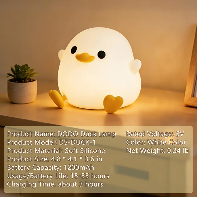 Alt view image 7 of 7 - Duck Night Light, Squishy Silicone Bedside Light for Baby Nursery | BPA-Free Silicone,Dimmable,20min Timer,Rechargeable Touch Light , Cute DoDo Ducky Lamp, Boys Girls Room Decor, Gift for Kids