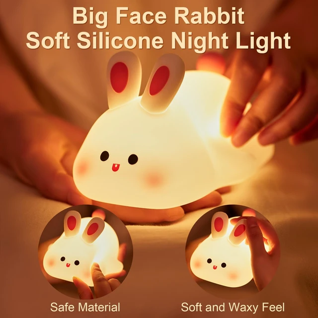Alt view image 2 of 6 - Big Face Rabbit Silicone Night Light for Kids,Cute Animal Lamp, Easter Rabbit,Gifts Dimmable Light up Bunny, Nursery Night lamp,Rechargeable Bunny Nightlight, Bedside Lamp for Breastfeeding