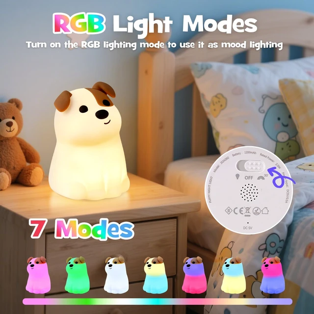 Alt view image 3 of 7 - Cute Smile Puppy Night Light RGB Rechargeable for Nursery Bedroom | Squishy Silicone Dog Nightlight Cordless Dimmable Touch Bedside Animal Lamp Novelty Light for Birthday Gifts Dorm Decor
