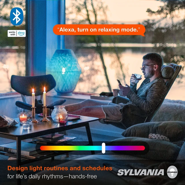 Alt view image 5 of 6 - Sylvania Smart+ Bluetooth Mesh 60W Equivalent A19 LED Light Bulb, Full Color and Dimmable White, Compatible with Alexa, 2 Pack